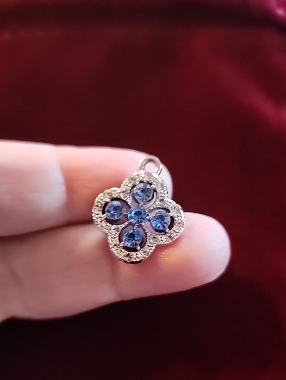 Silver Clover Necklace Pendant with Blue Crystal Accents